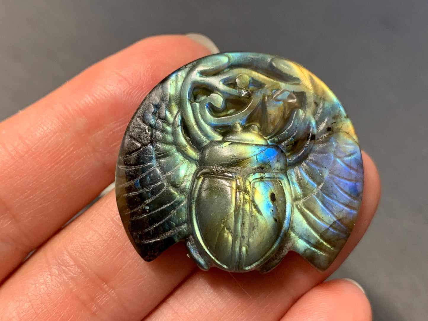 Labradorite Scarab Carving: Ancient Egyptian Eye of Horus Symbol of Protection (34x31mm)