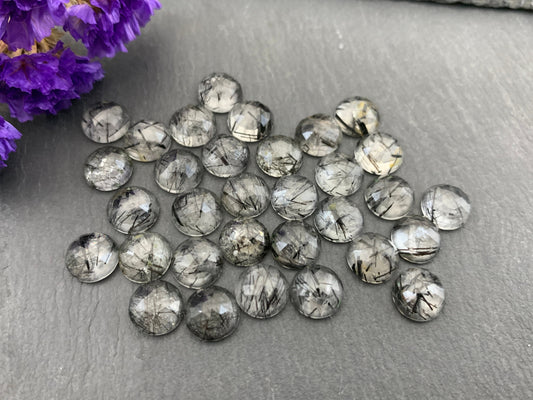 Faceted Black Rutilated Quartz round 8mm cabochon