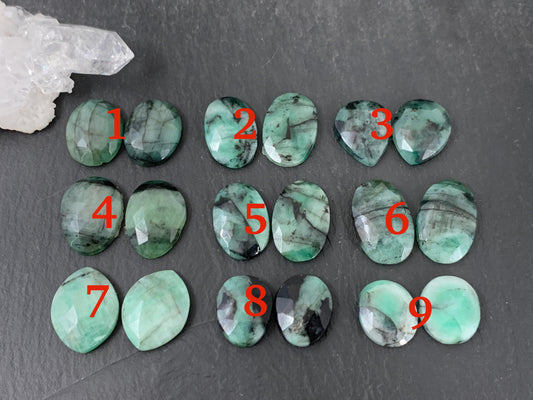 Faceted Emerald pair 14-18mm long cabochon