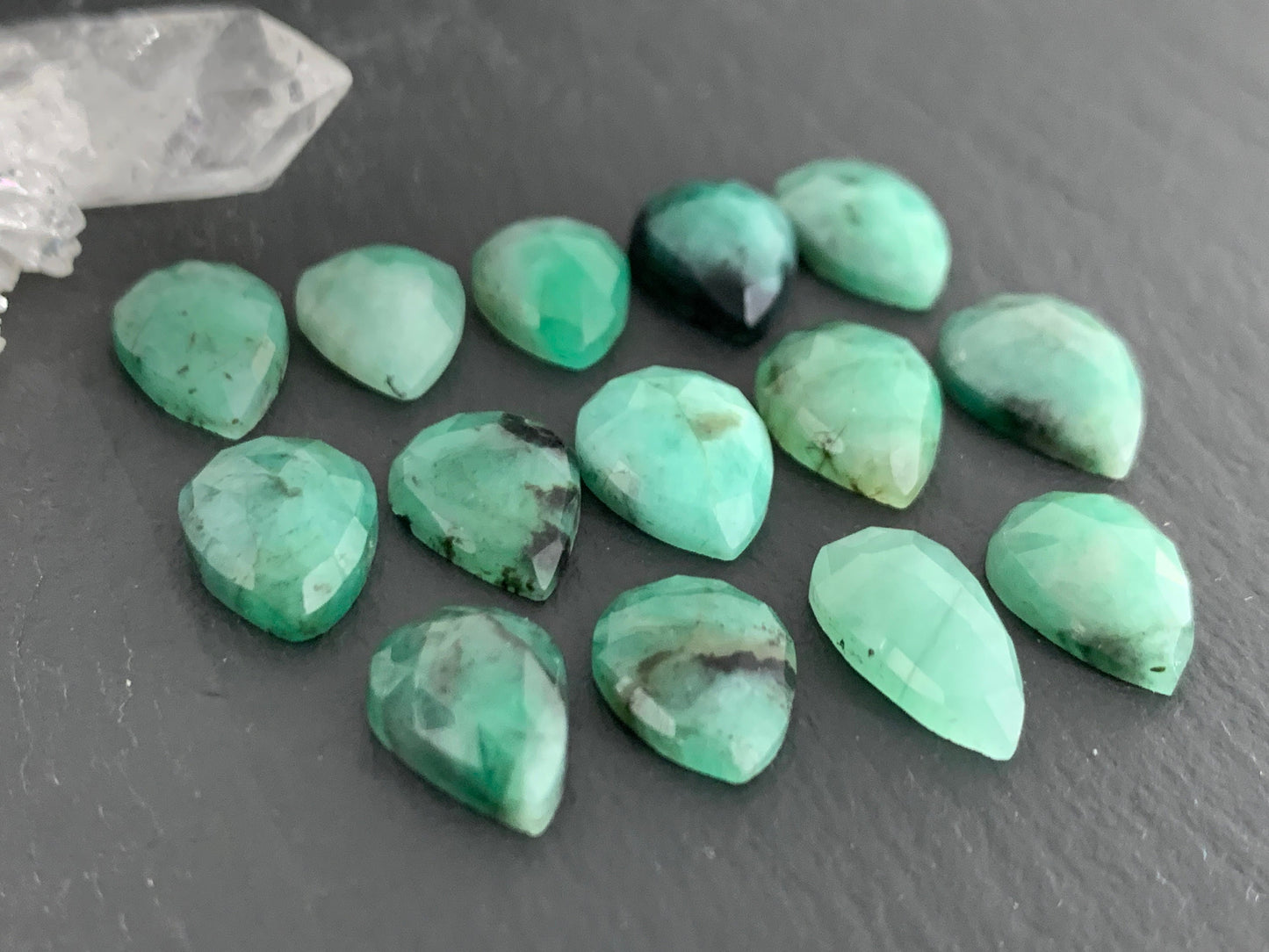 Faceted Emerald pear 11-13mm long cabochon
