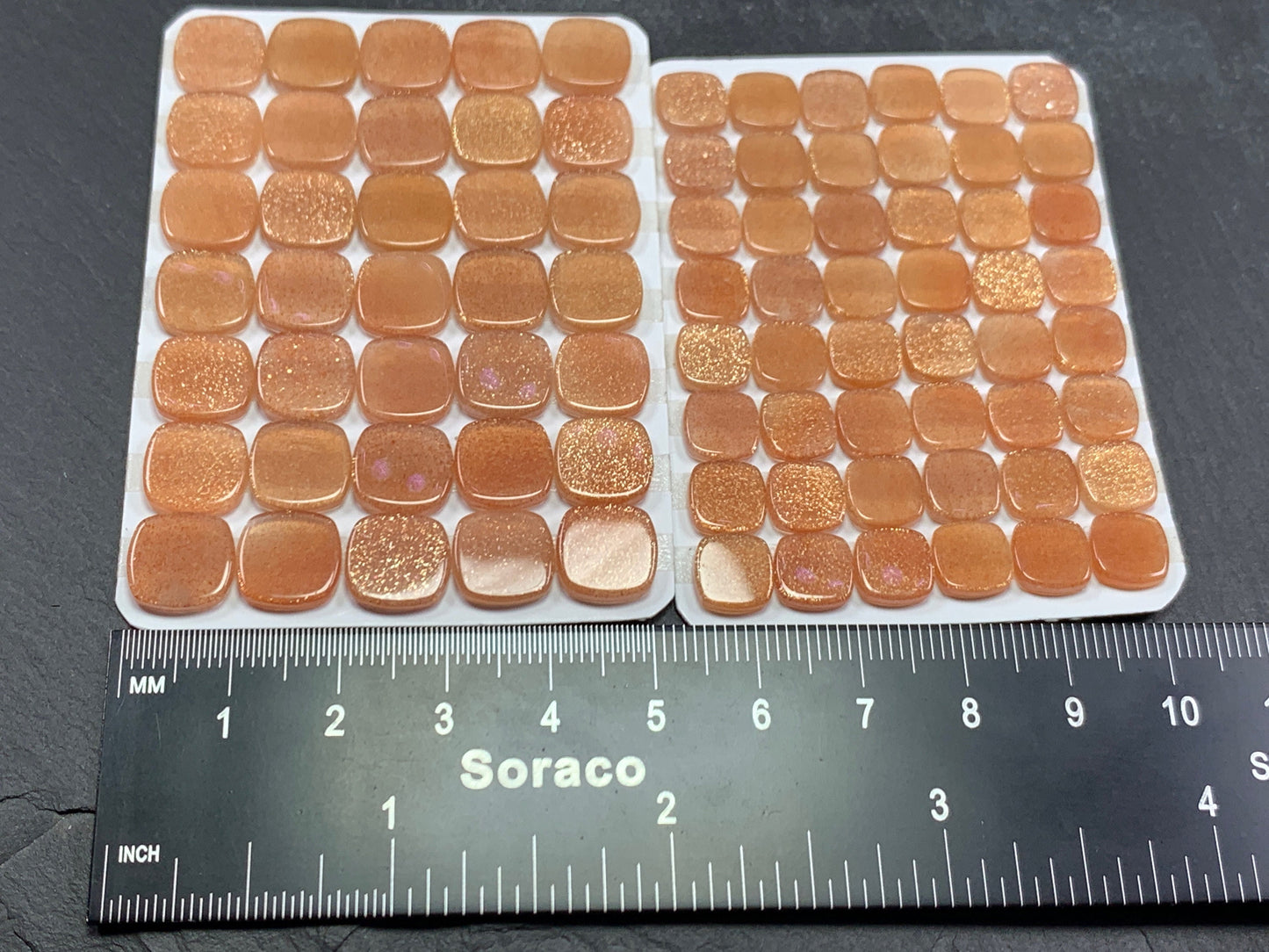 Flat Gold SunStone square cushion 8mm, 10mm cabochon - Calibrated cabochons