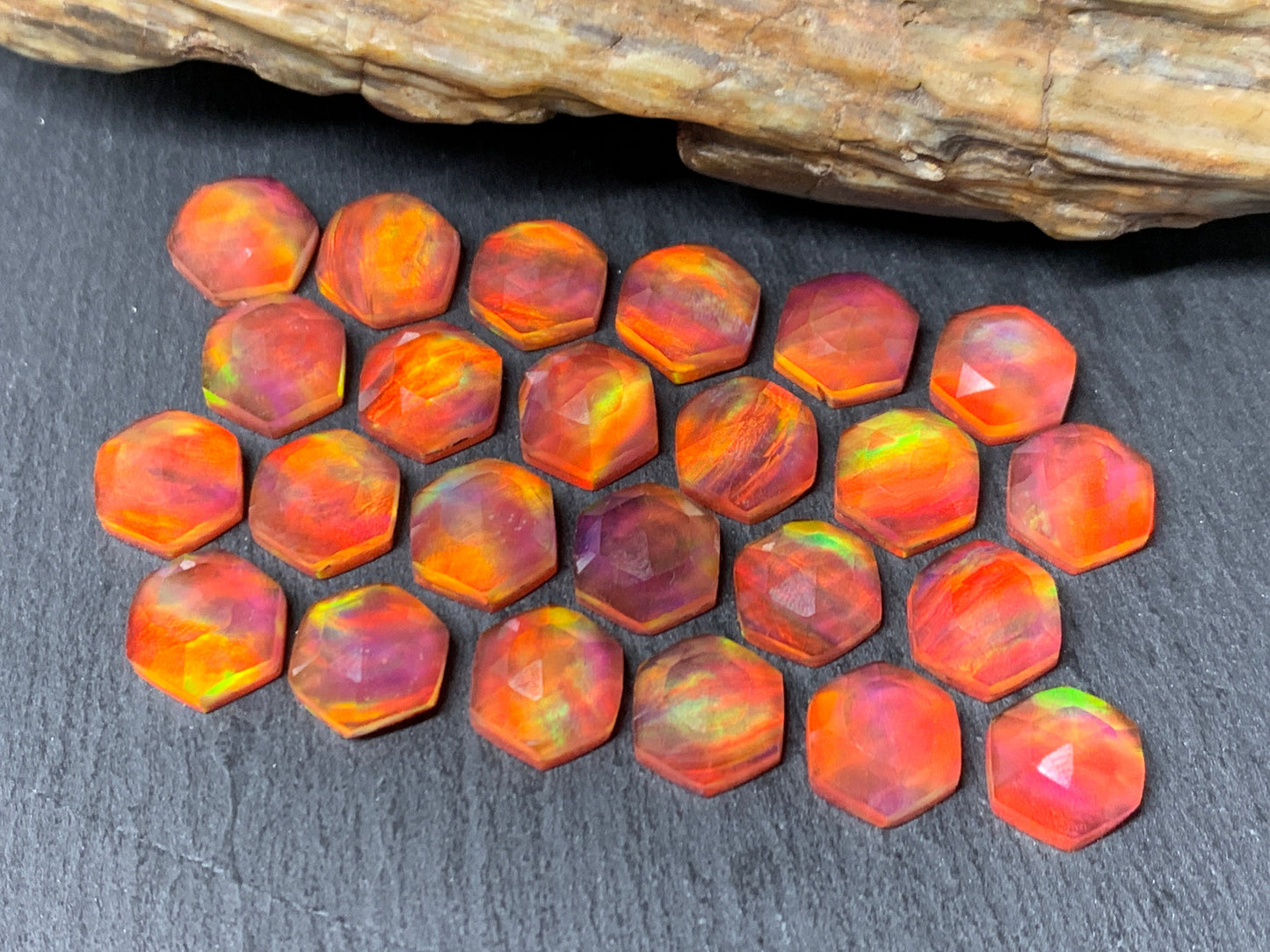Faceted Orange Aurora Opal hexagon 10mm cabochon - Doublet cabochons