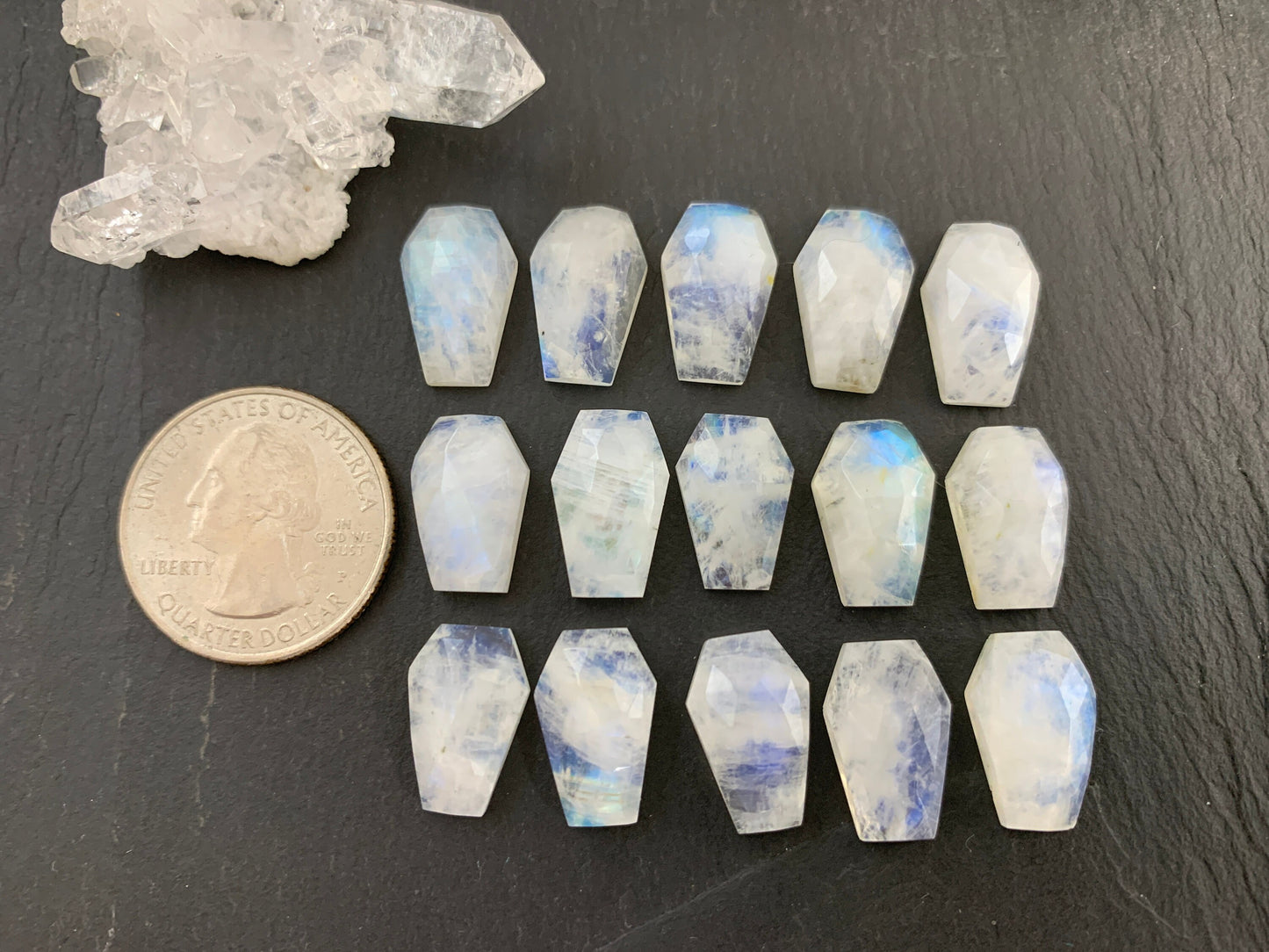 Faceted Raiblow Moonstone coffin 10x16mm cabochon