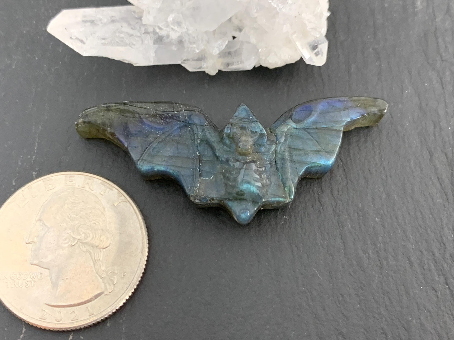 Discounted Labradorite skeleton bat 19x48mm flat back carving