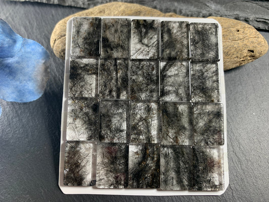 Flat Black Rutilatd Quartz rectangle 13x18mm cabochon - calibrated cabochons