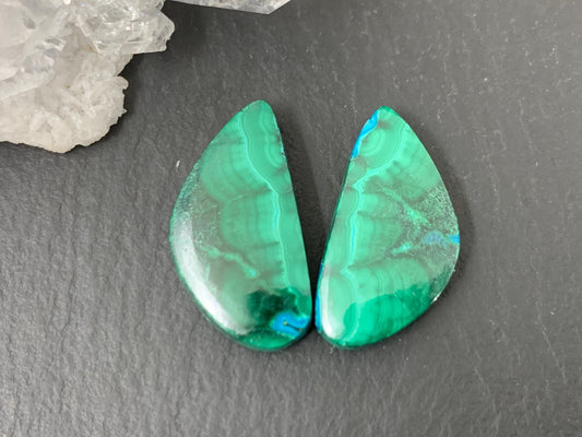 Malachite Chrysocolla free form 11x21x4mm cabochon pair