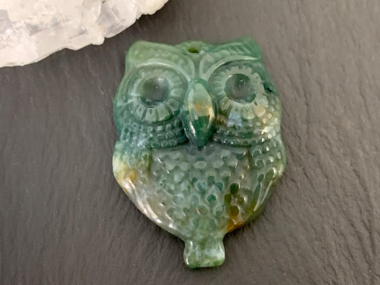 Ocean Jasper owl top drilled 26x35mm cabochon carving