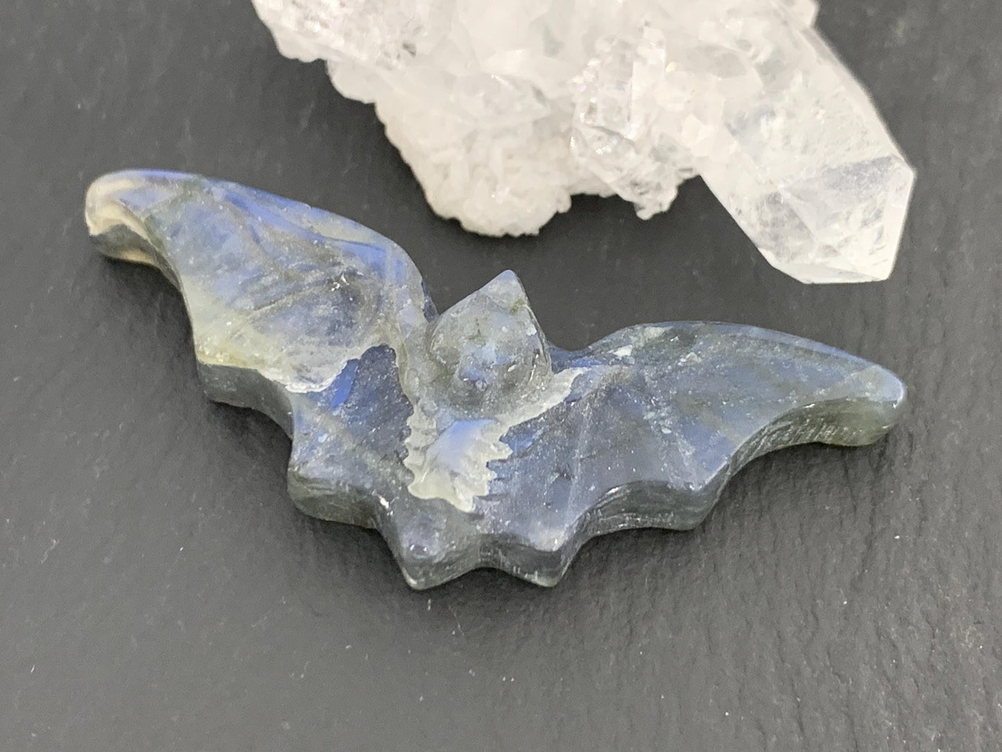 Discounted Labradorite skeleton bat 19x48mm cabochon carving