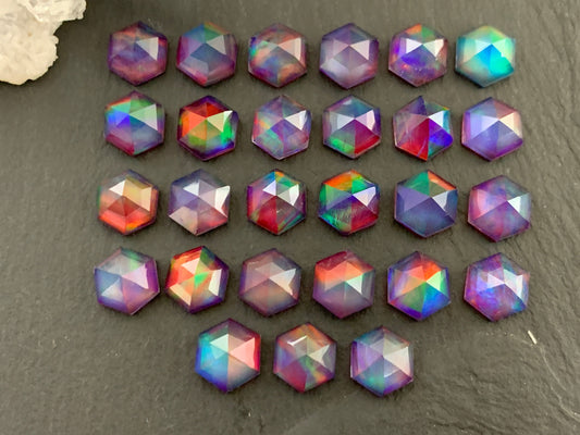 Faceted Aurora Opal hexagon 8x9mm cabochon - Doublet cabochons