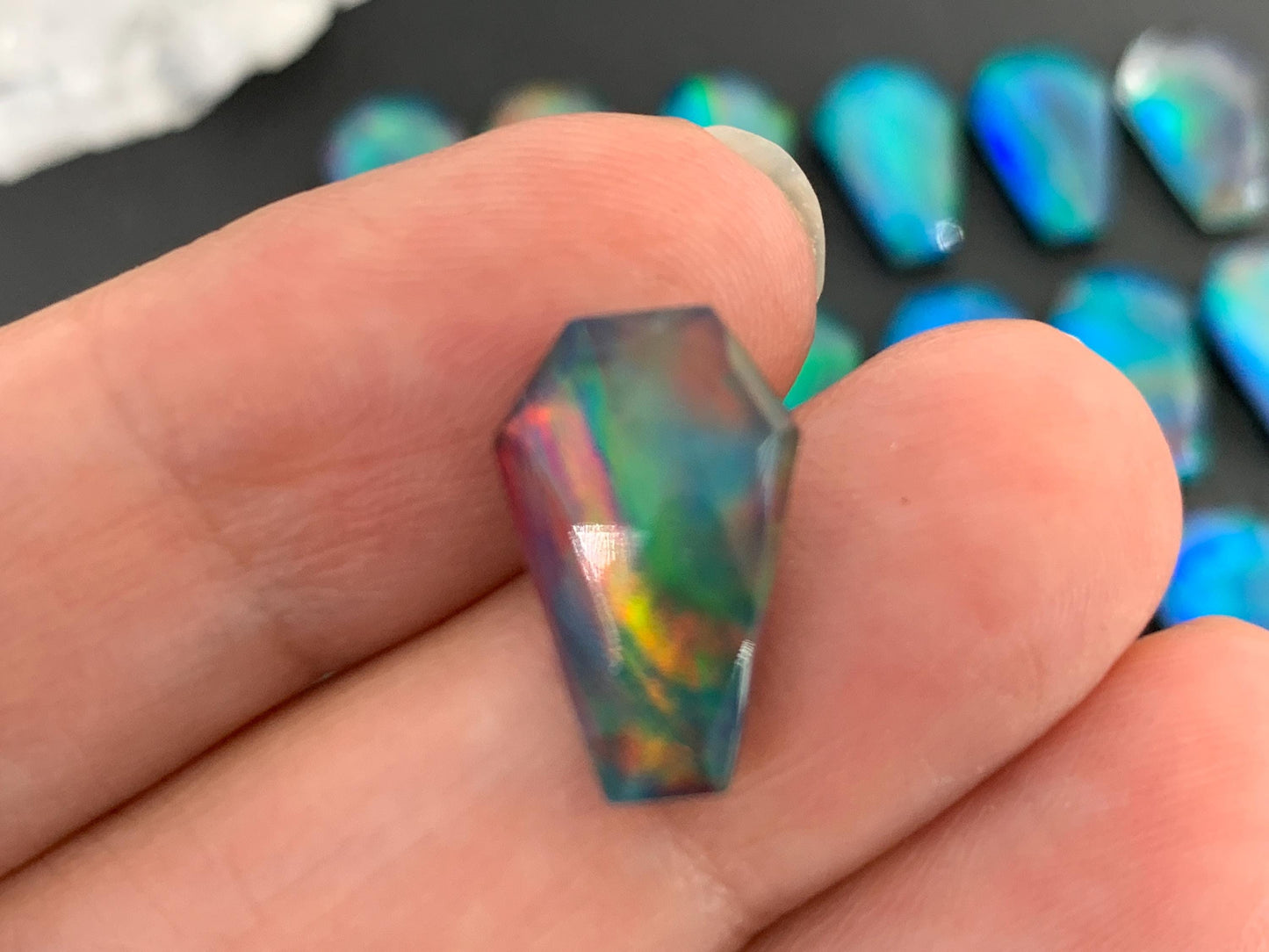Faceted Aurora Opal coffin 10x16mm cabochon - Doublet cabochons