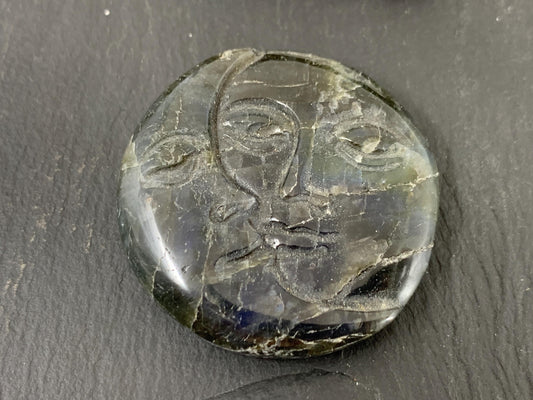 Labradorite Sun Moon Carving – 42mm Natural Flat Back Gemstone Design
