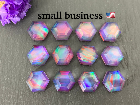 Faceted Aurora Opal hexagon 9mm cabochon - Doublet cabochons