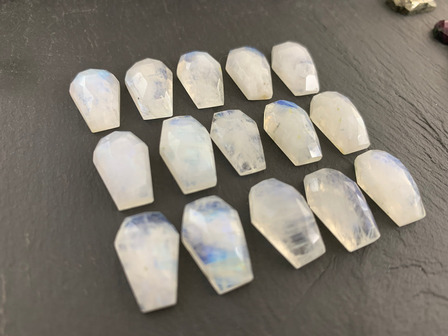 Faceted Raiblow Moonstone coffin 10x16mm cabochon