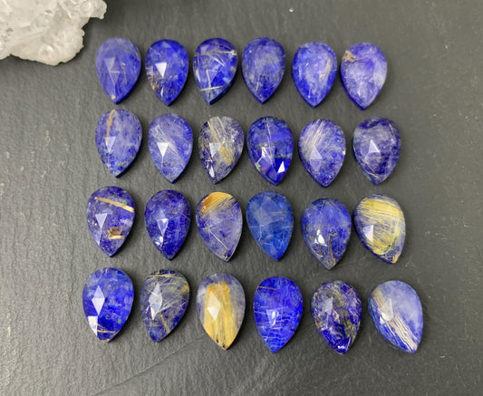 Faceted Gold Rutilated Quartz & Lapis Lazuli pear 8x12mm cabochon - Doublet cabochons