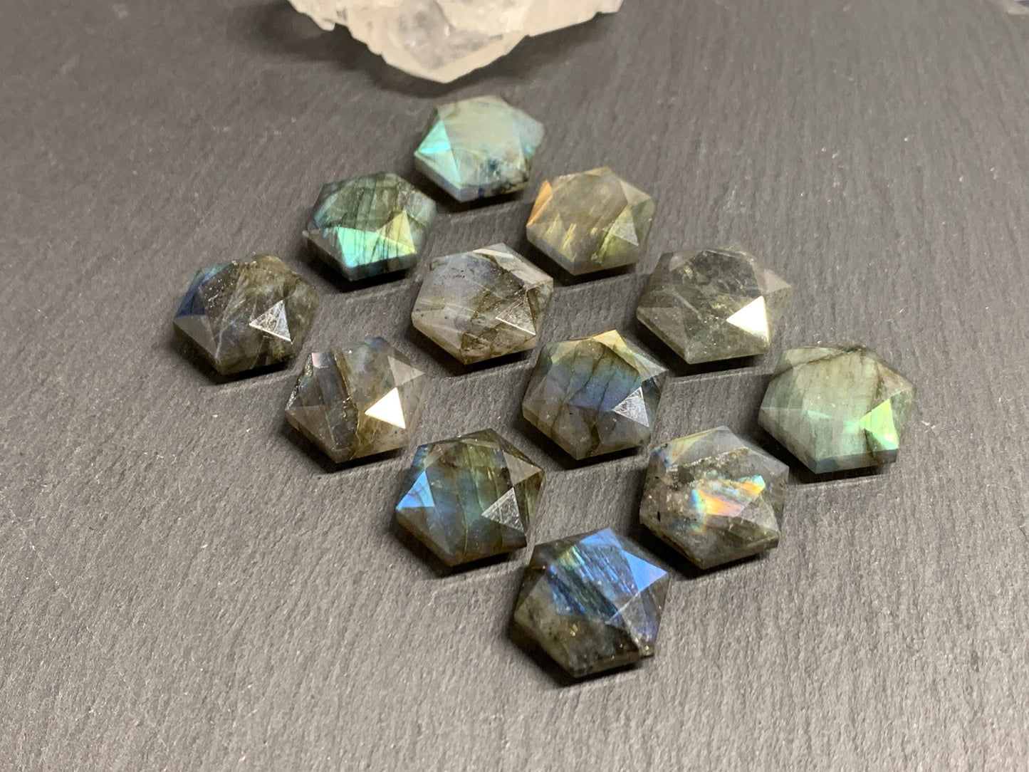 Labradorite hexagon 18mm faceted from both sides - not a cabochon