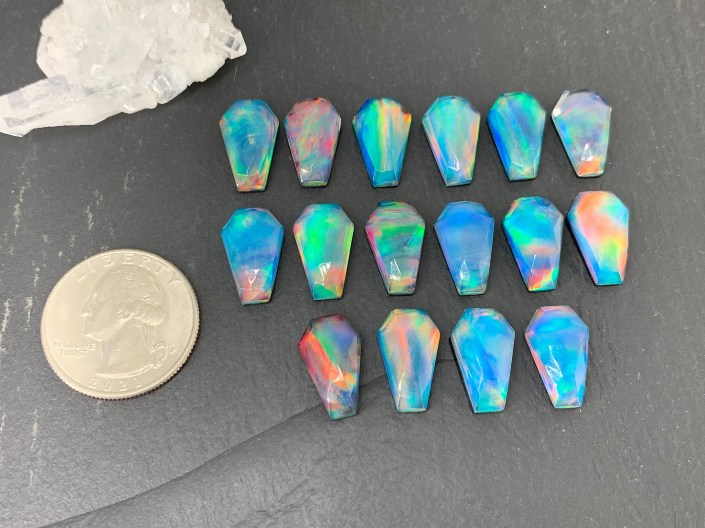 Faceted Aurora Opal coffin 10x16mm cabochon - Doublet cabochons