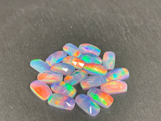 Faceted Aurora Opal rectangle cushion 7x14mm cabochon - Doublet cabochon