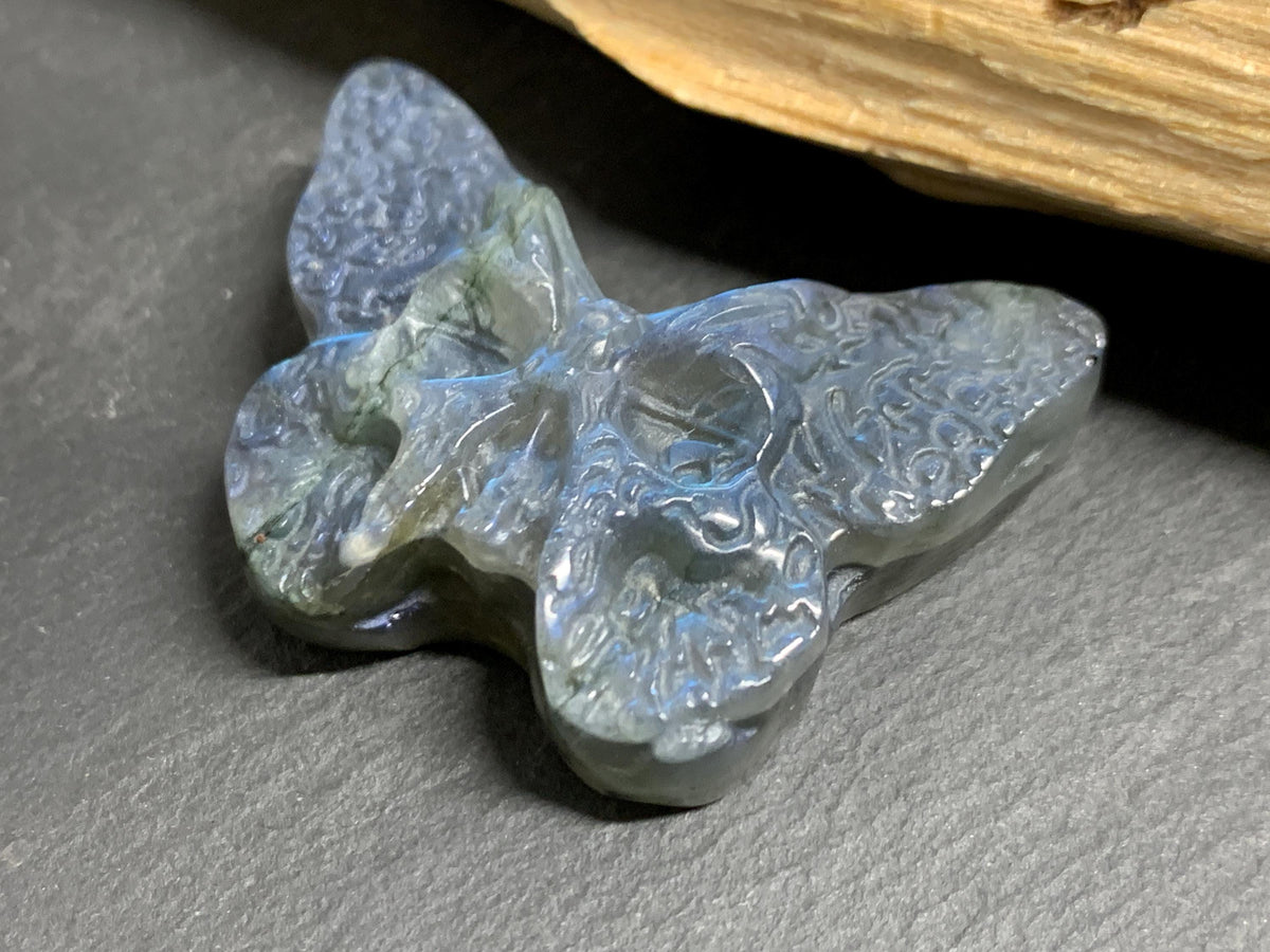 Labradorite Ghost Face Butterfly 40x28mm Flat Back Carving, Natural Labradorite, Handcrafted Crystal Jewelry