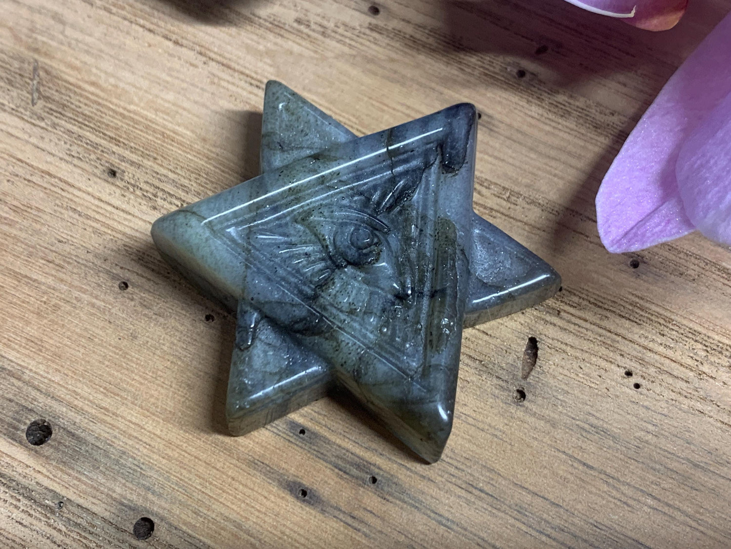 Labradorite All Seeing Eye 50x40 mm Carving. Hand Carved Labradorite Merkaba Star