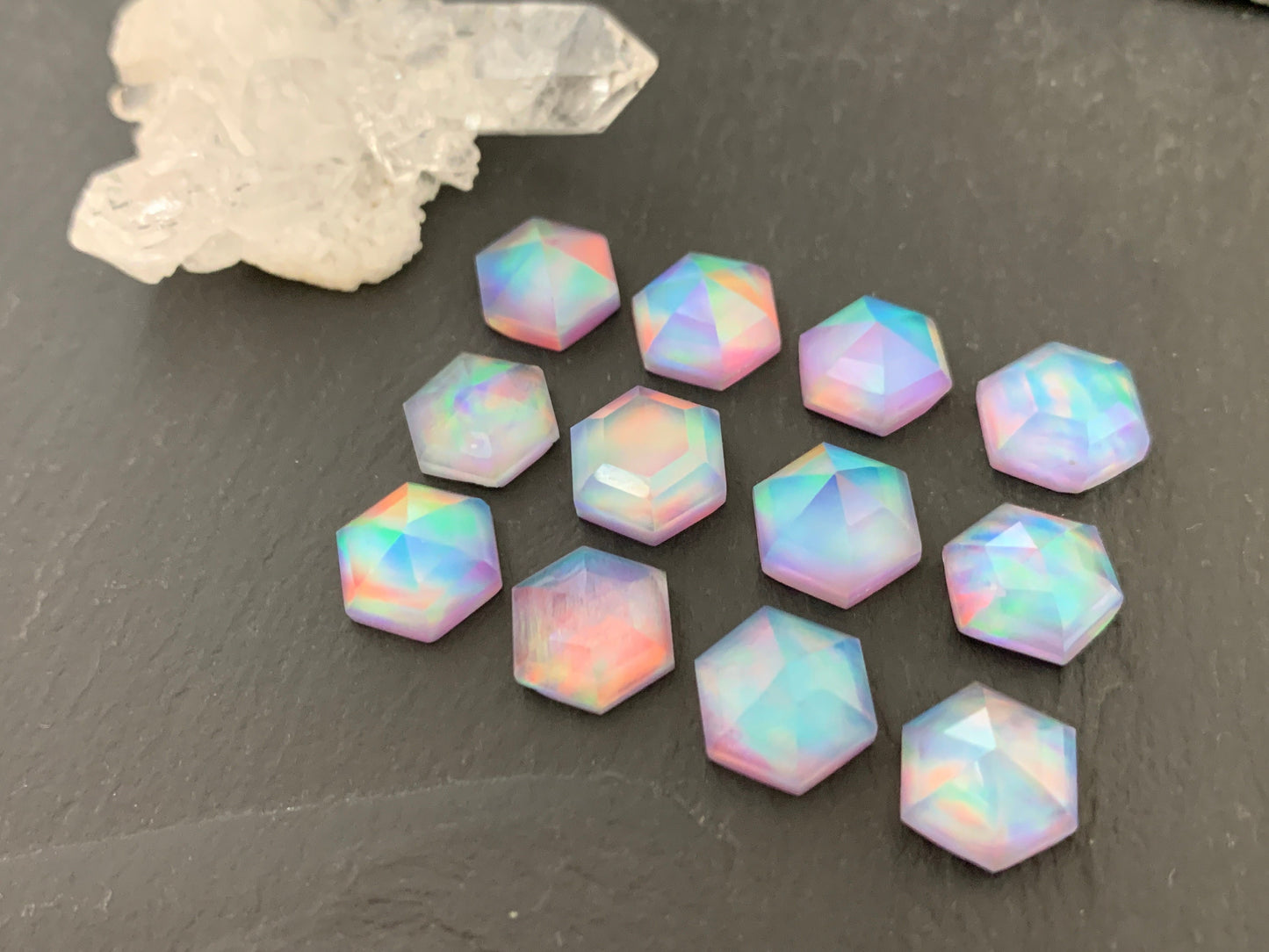 Faceted Aurora Opal hexagon 10mm cabochon - Doublet cabochons