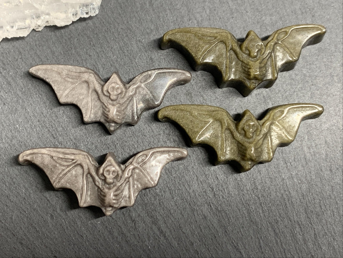 Obsidian Bat Carving, Natural Silver Gold Flat Back Gem - 50x20mm
