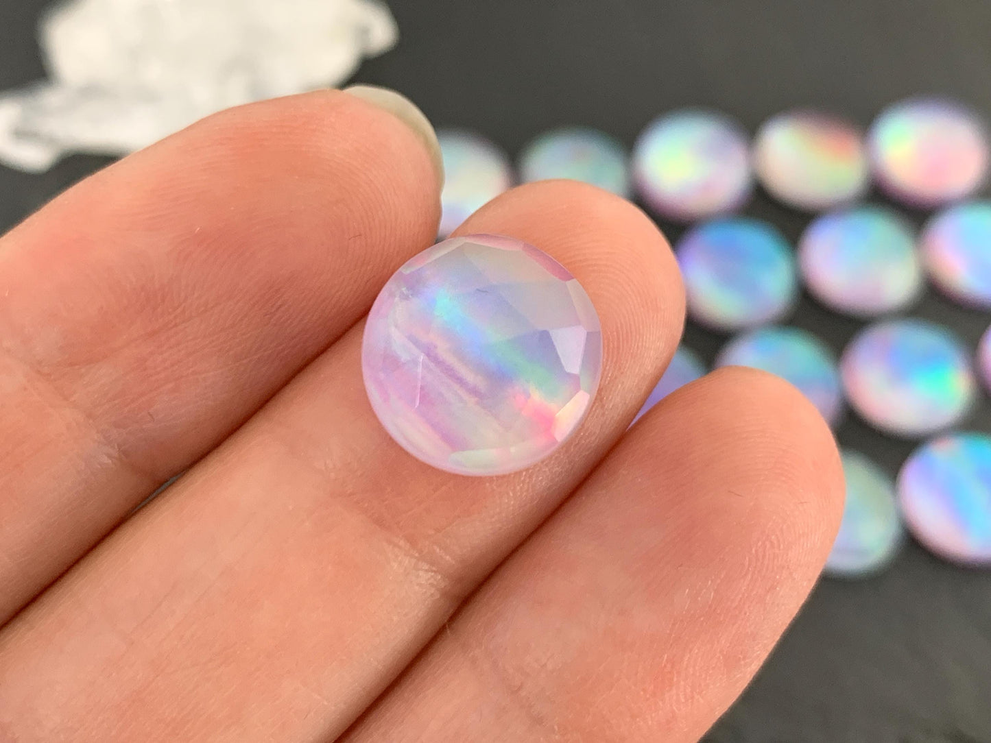 Faceted Aurora Opal round 12mm cabochon - Doublet cabochons