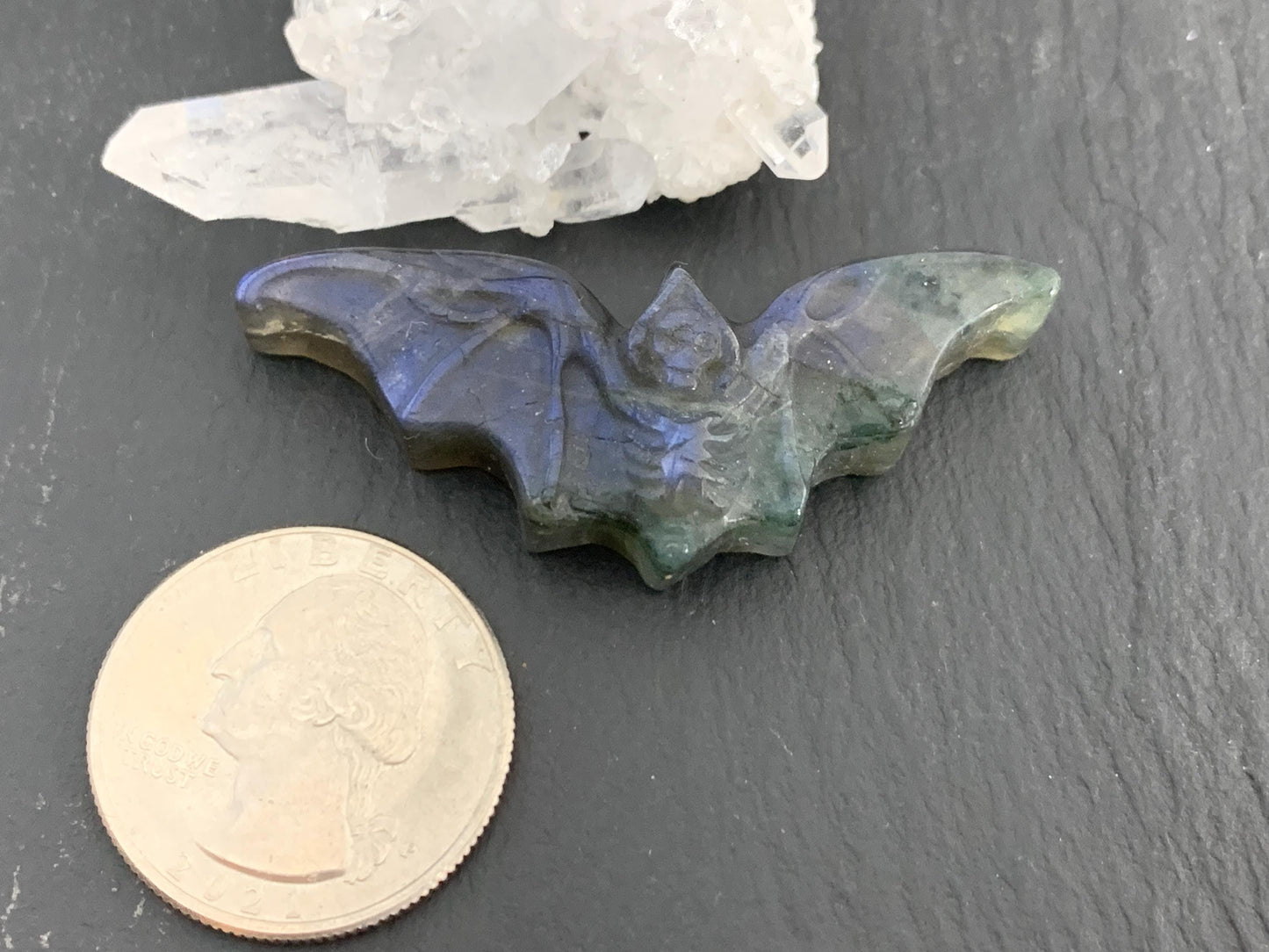 Labradorite skeleton bat 19x49mm flat back carving