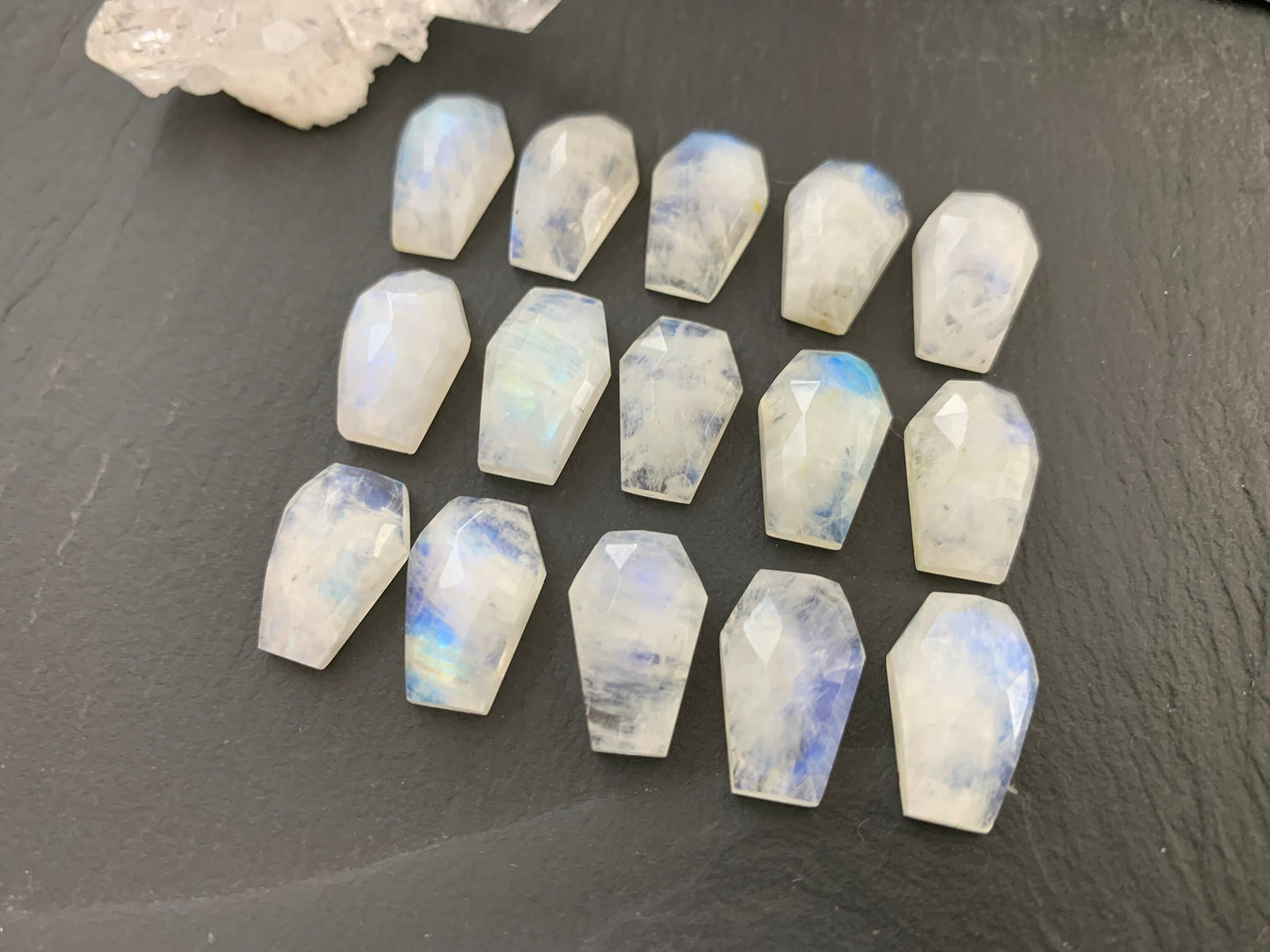 Faceted Raiblow Moonstone coffin 10x16mm cabochon