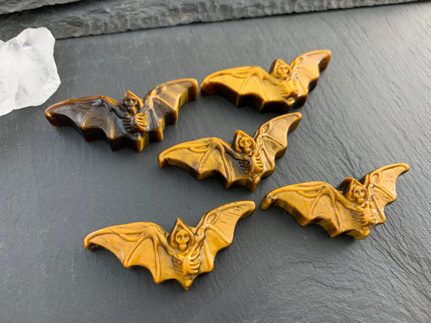 Tiger Eye skeleton bat cabochon carving