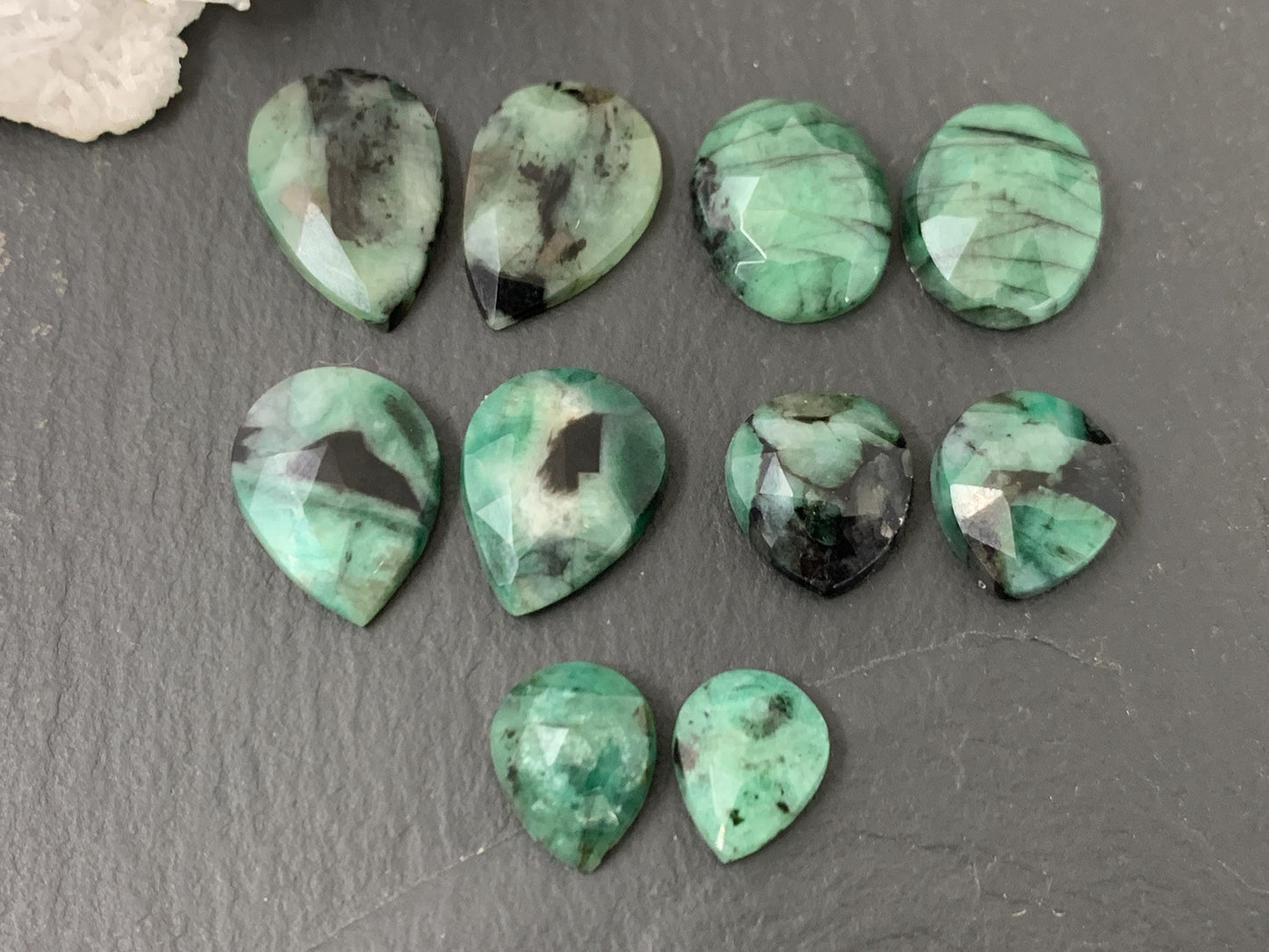 Faceted Emerald Pair 10-16mm long cabochons