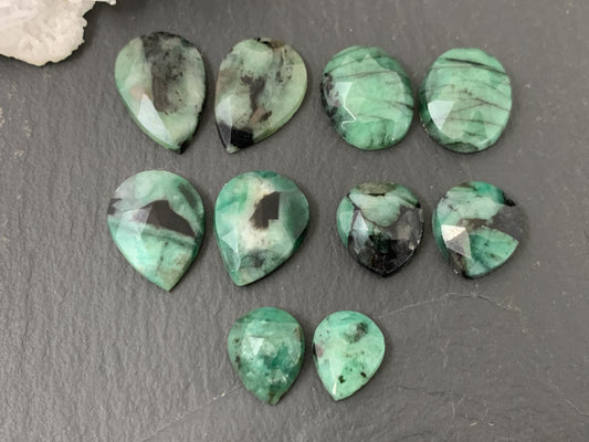 Faceted Emerald Pair 10-16mm long cabochons