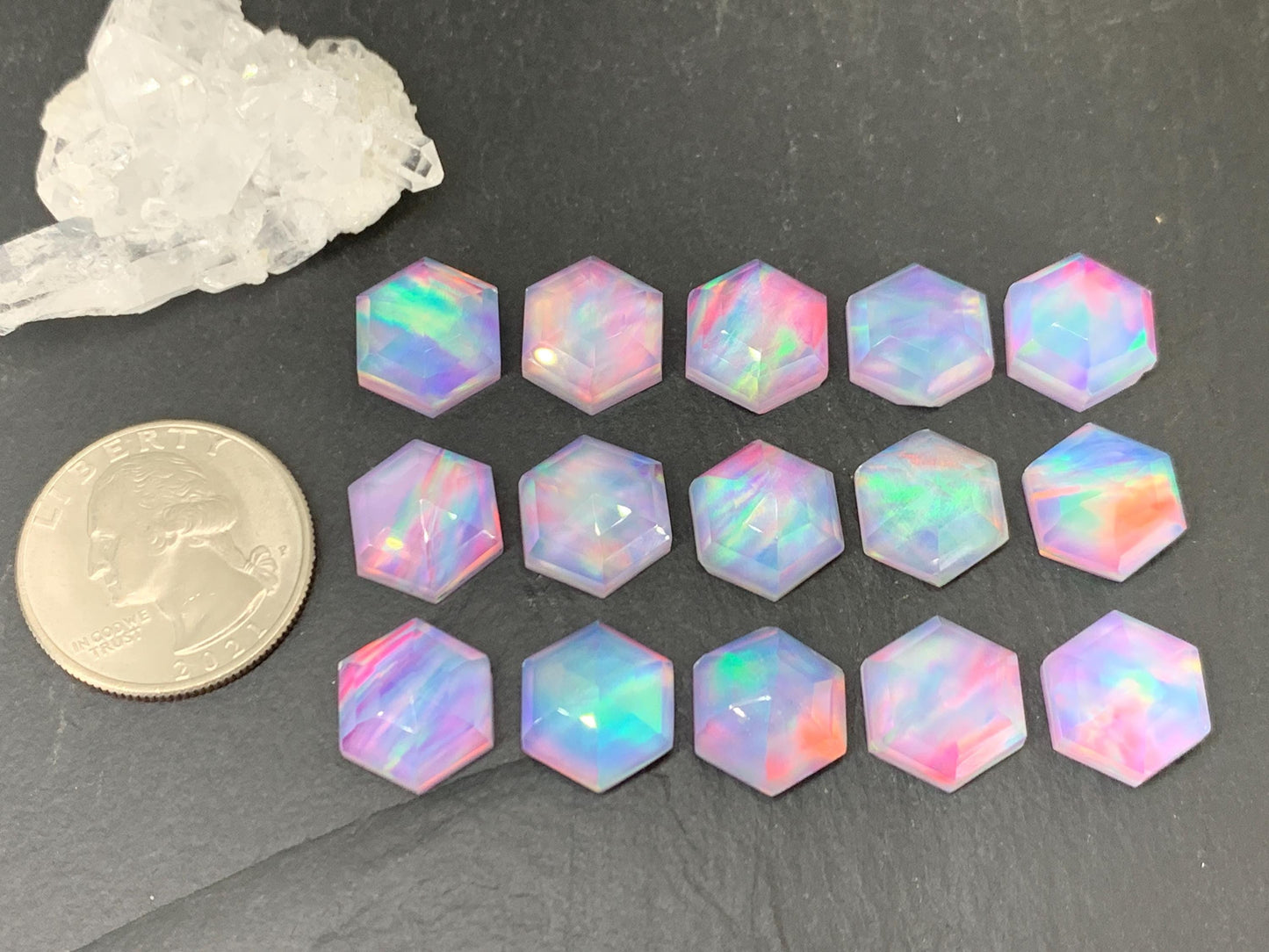 Faceted  Aurora Opal hexagon 12mm cabochon - Doublet cabochons - man made Opal