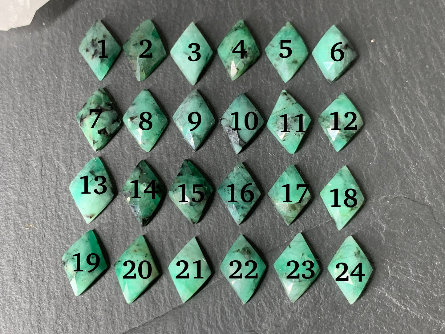 Faceted Emerald rhombus 11-12mm long cabochon/ W381