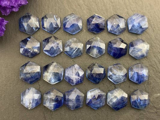 Faceted Kyanite Hexagon 8mm Cabochon - Natural Blue Gemstone Cut