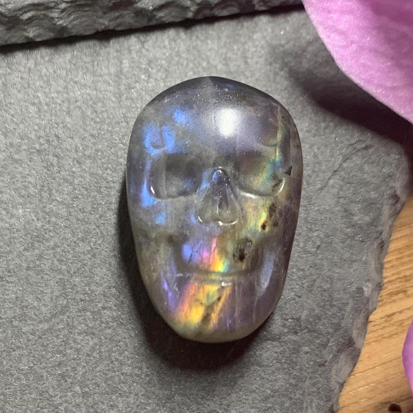 Labradorite Skull Carving | Rainbow Flash Crystal Skull Decor