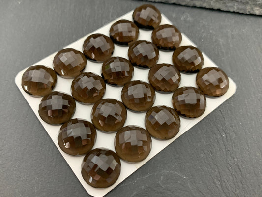 Faceted Smokey Quartz round 14mm cabochon - Calibrated cabochons