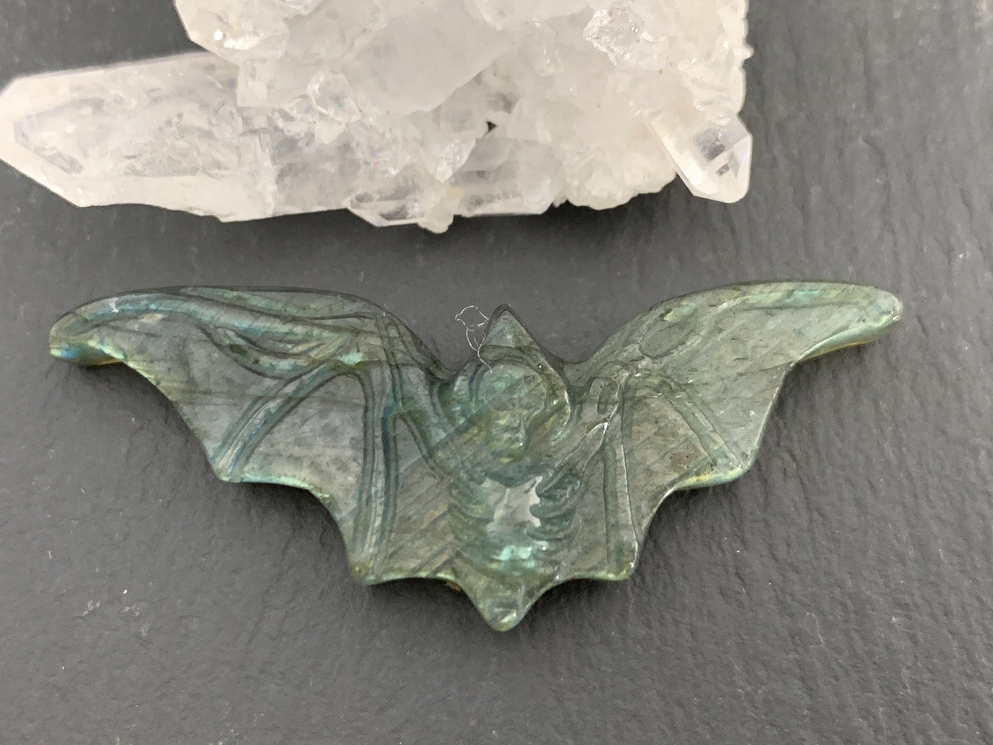 Labradorite skeleton bat 19x48mm flat back carving