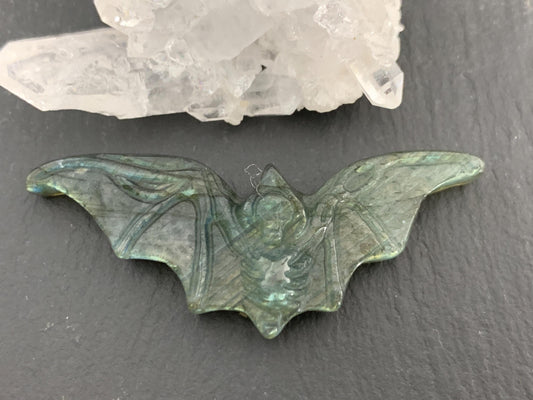 Labradorite skeleton bat 19x48mm flat back carving