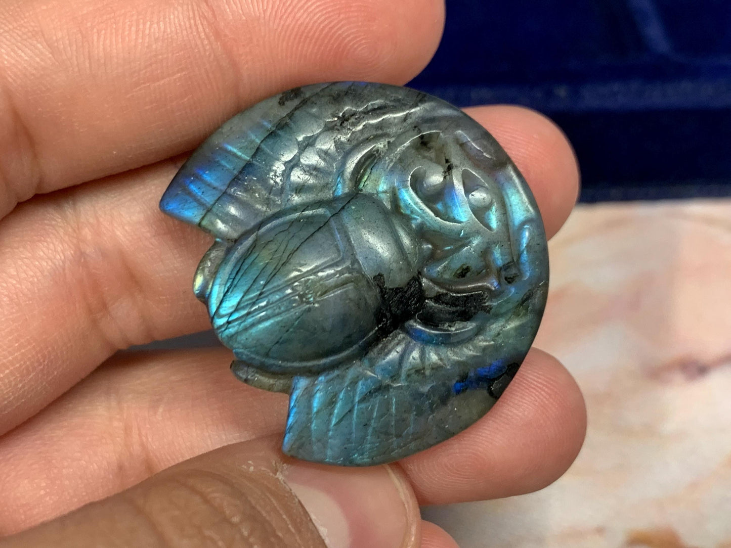 Labradorite Scarab Carving: Ancient Egyptian Eye of Horus Symbol of Protection (34x31mm)