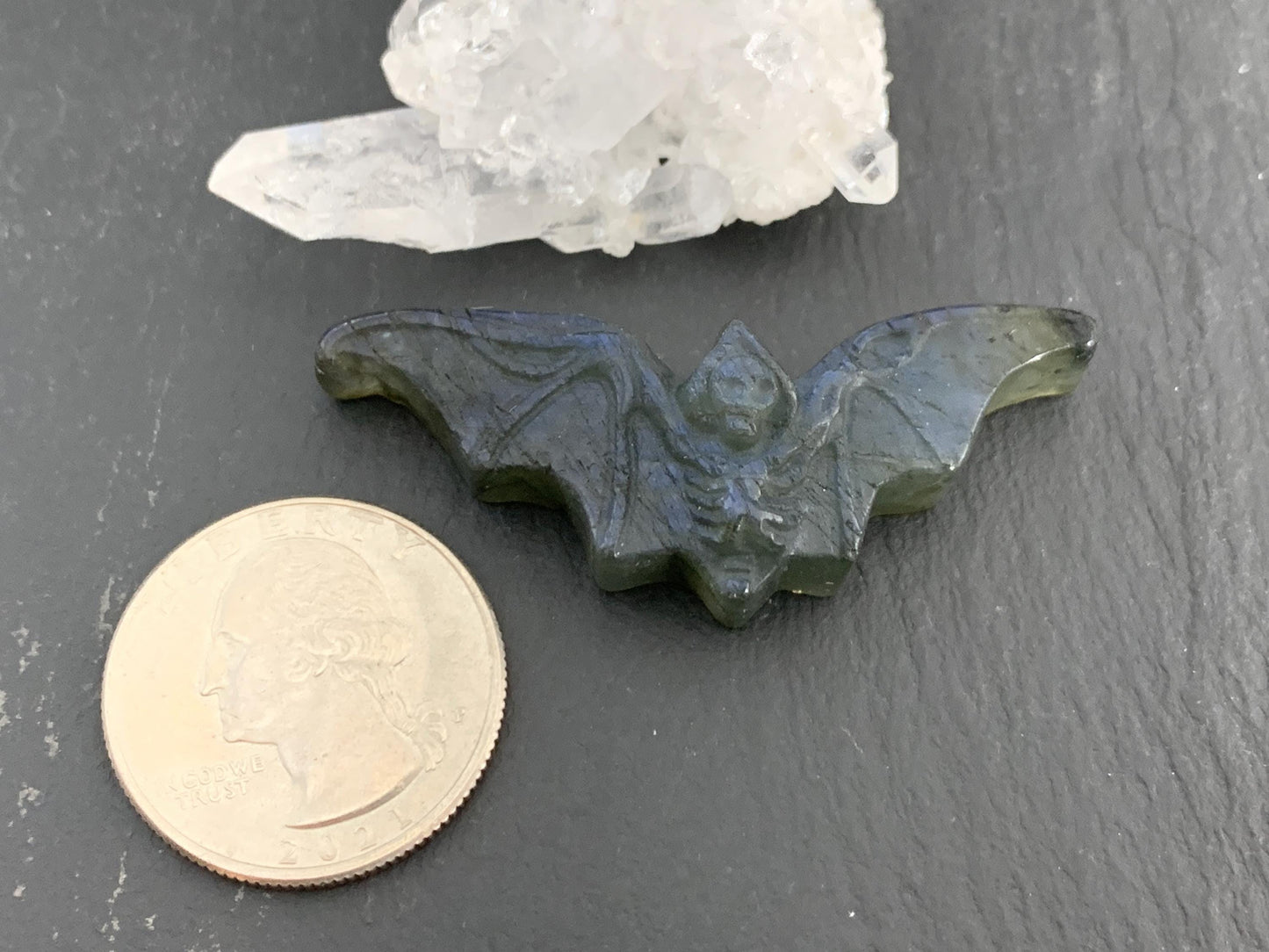 Labradorite skeleton bat 19x49mm flat back carving