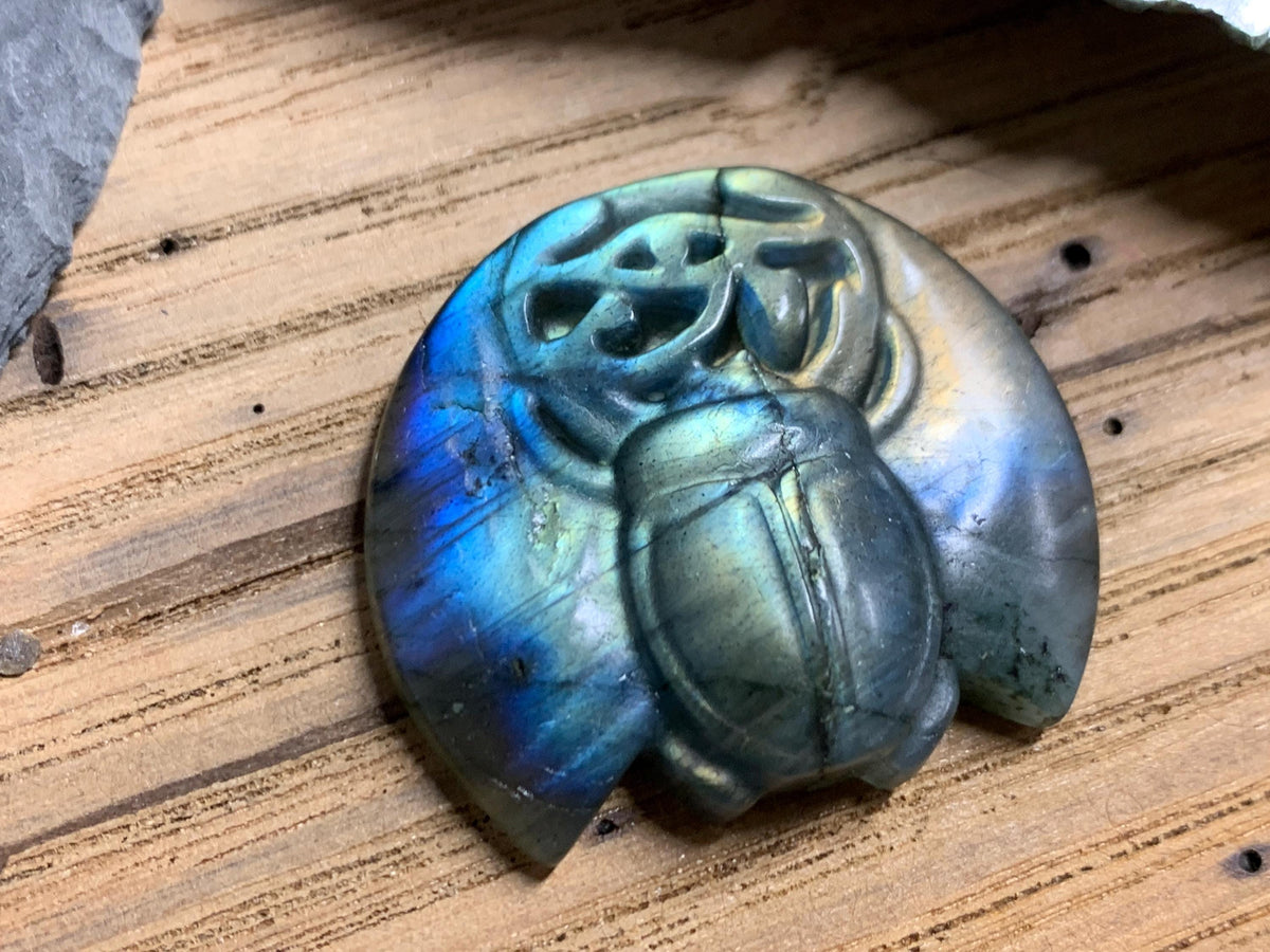 Labradorite Scarab Carving: Ancient Eye of Horus Symbol of Protection (34x31mm)