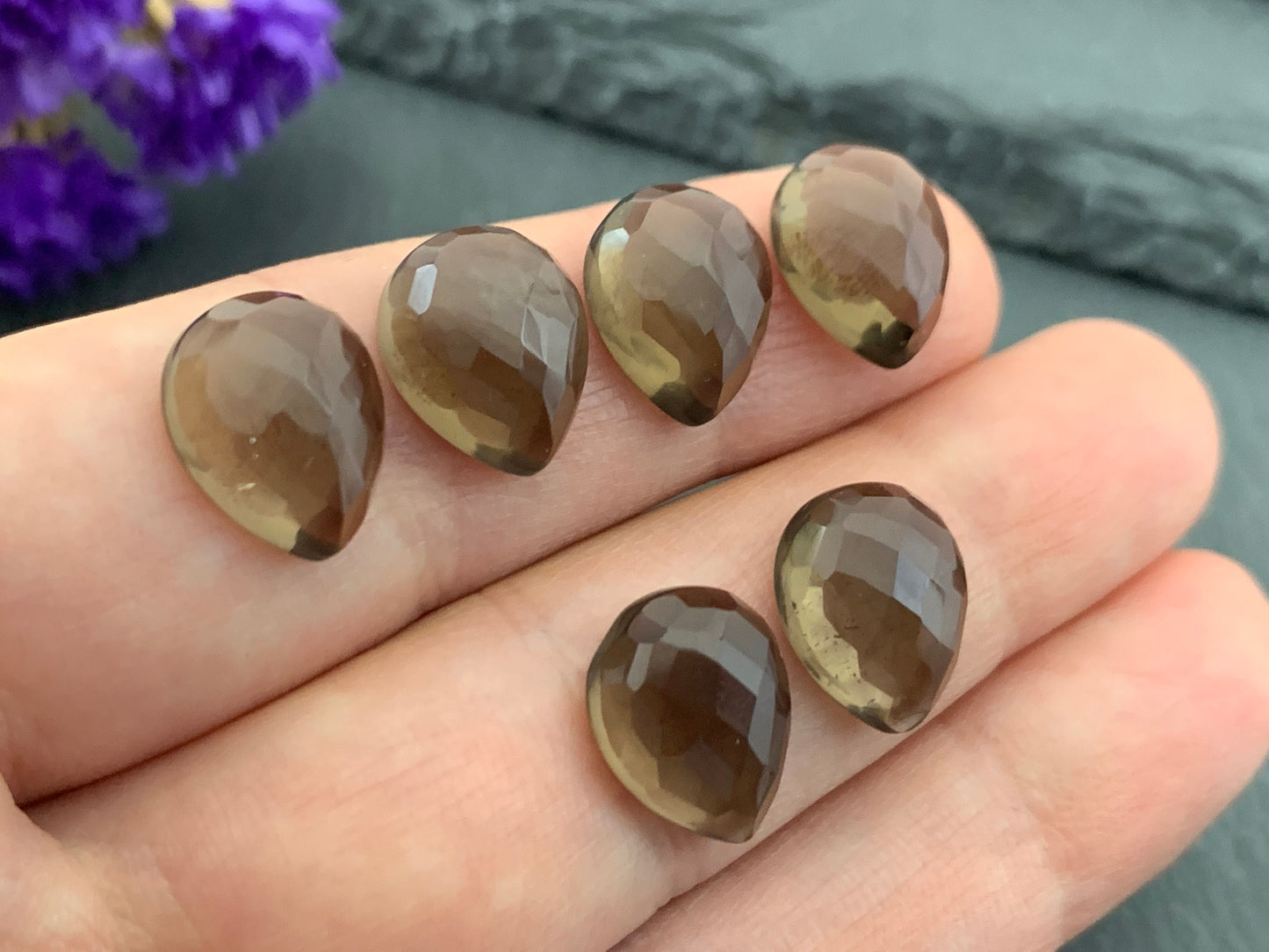 Faceted Smokey Quartz pear 10x12mm Cabochon - Calibrated cabochons