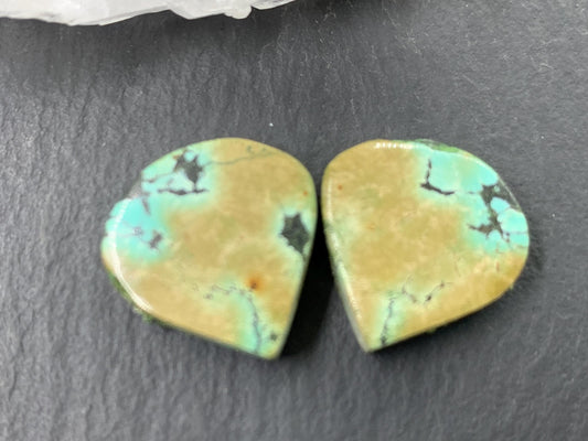 Tibetan Turquoise Pair 15x16mm Cabochon - Hand Cut Cabochon