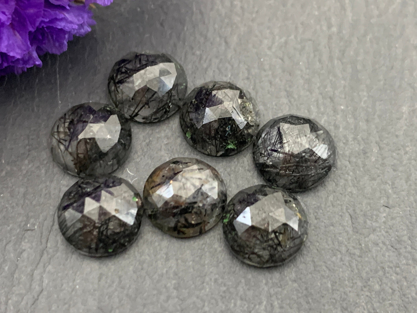 Faceted Black Rutilated Quartz round 8mm cabochon