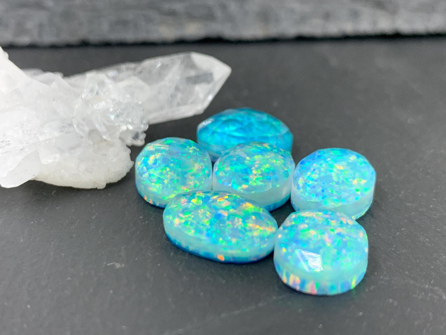 Faceted Aurora Opal oval 10x14mm cabochons - Blue Glittery Cabochons - Doublet cabochons