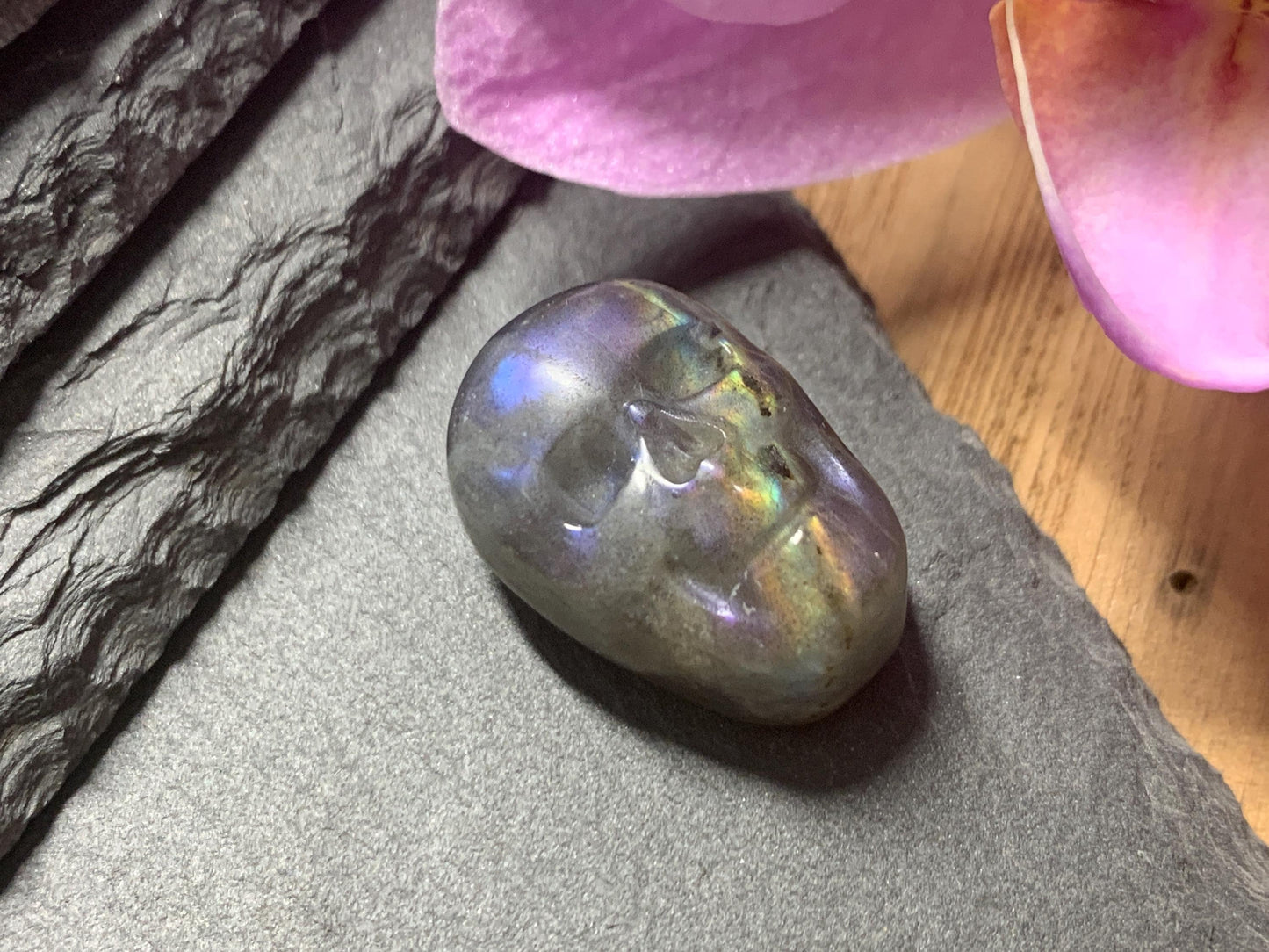 Labradorite Skull Carving | Rainbow Flash Crystal Skull Decor