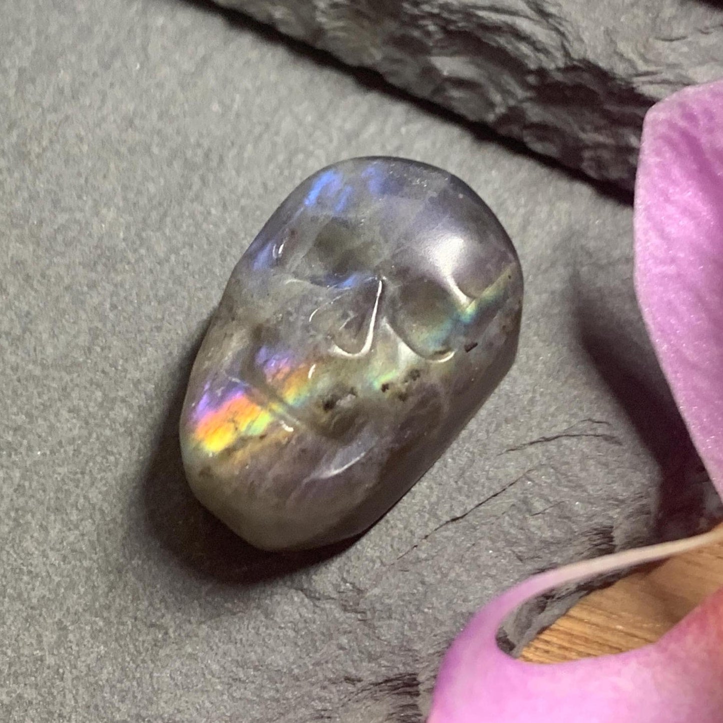 Labradorite Skull Carving | Rainbow Flash Crystal Skull Decor