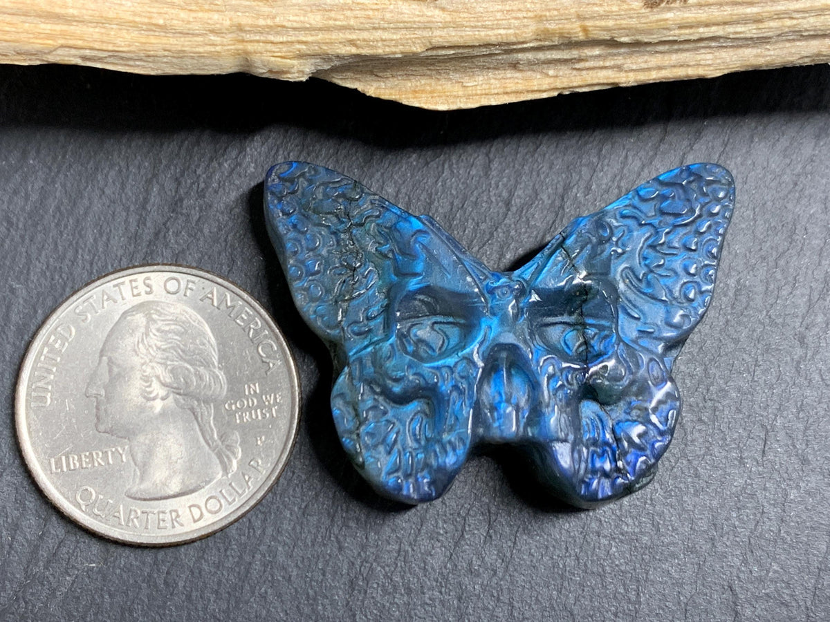 Labradorite Ghost Face Butterfly 41x29mm Flat Back Carving, Natural Labradorite