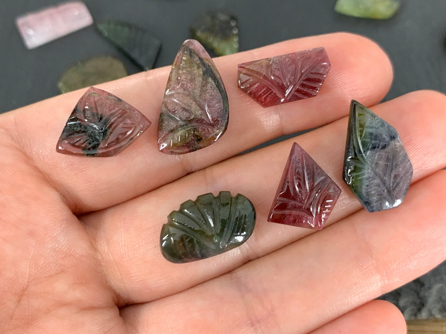 Carved Tourmaline free form 8-18mm long cabochon