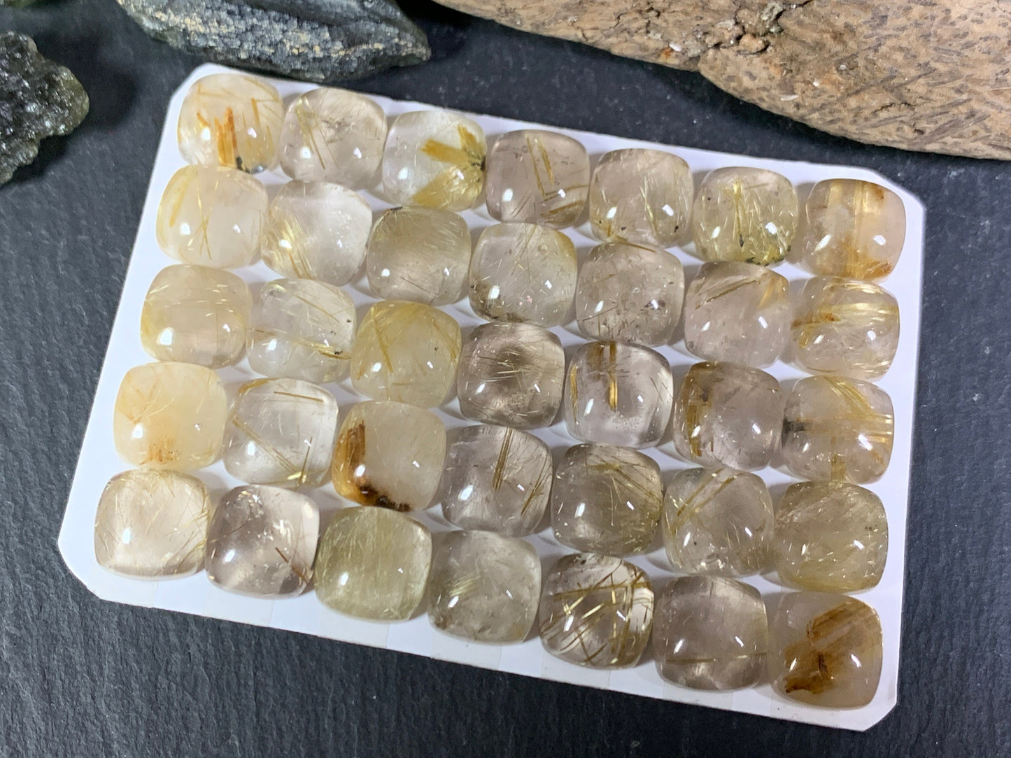 Gold Rutilated Quartz square 10x10mm cabochon - Calibrated cabochons